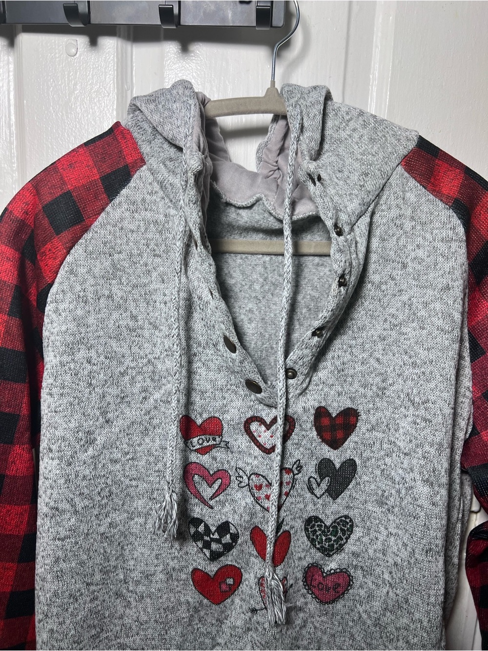 Kids Grey Hoodie with Red Plaid Sleeves and Heart Print